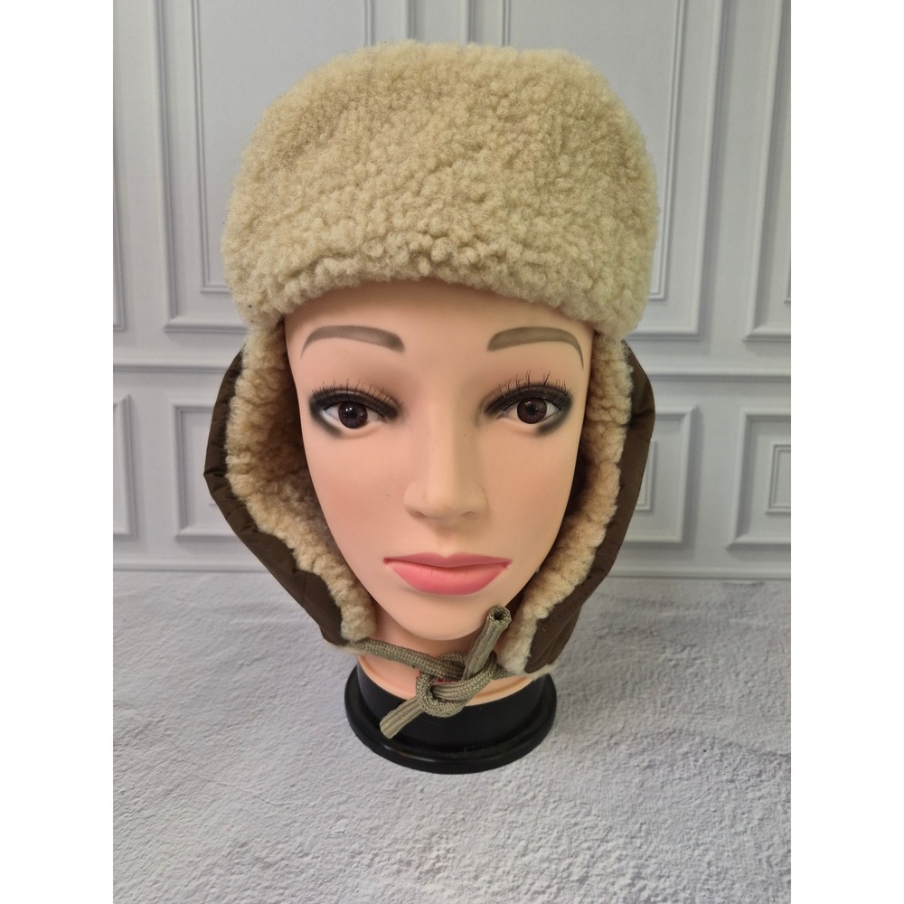 Zavelio Brown Quilted Shearling Trapper Hat Genuine Sheepskin Fur M/L